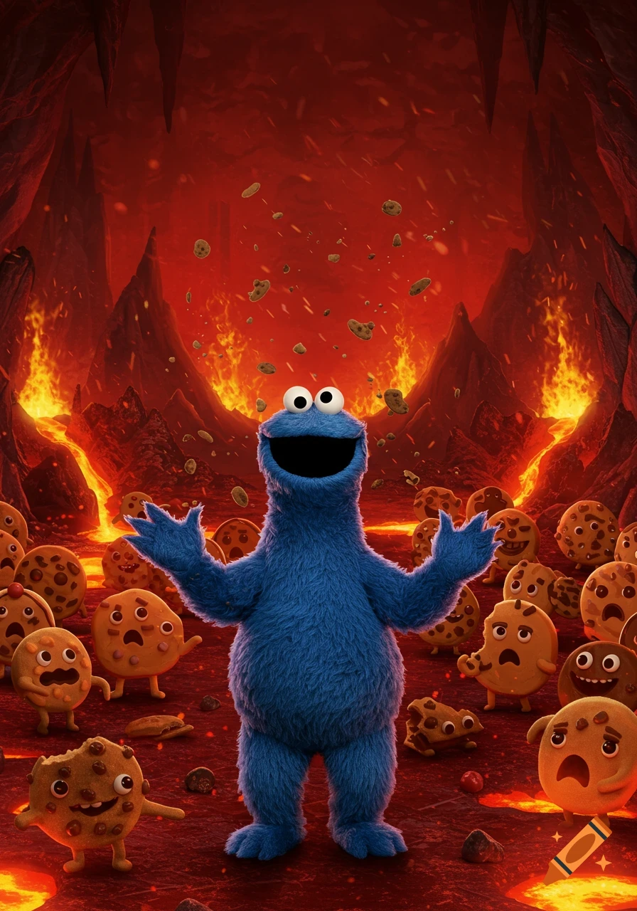 Cookie Monster stands in a volcanic, hellish landscape filled with terrified, sentient cookies, looking pleased.