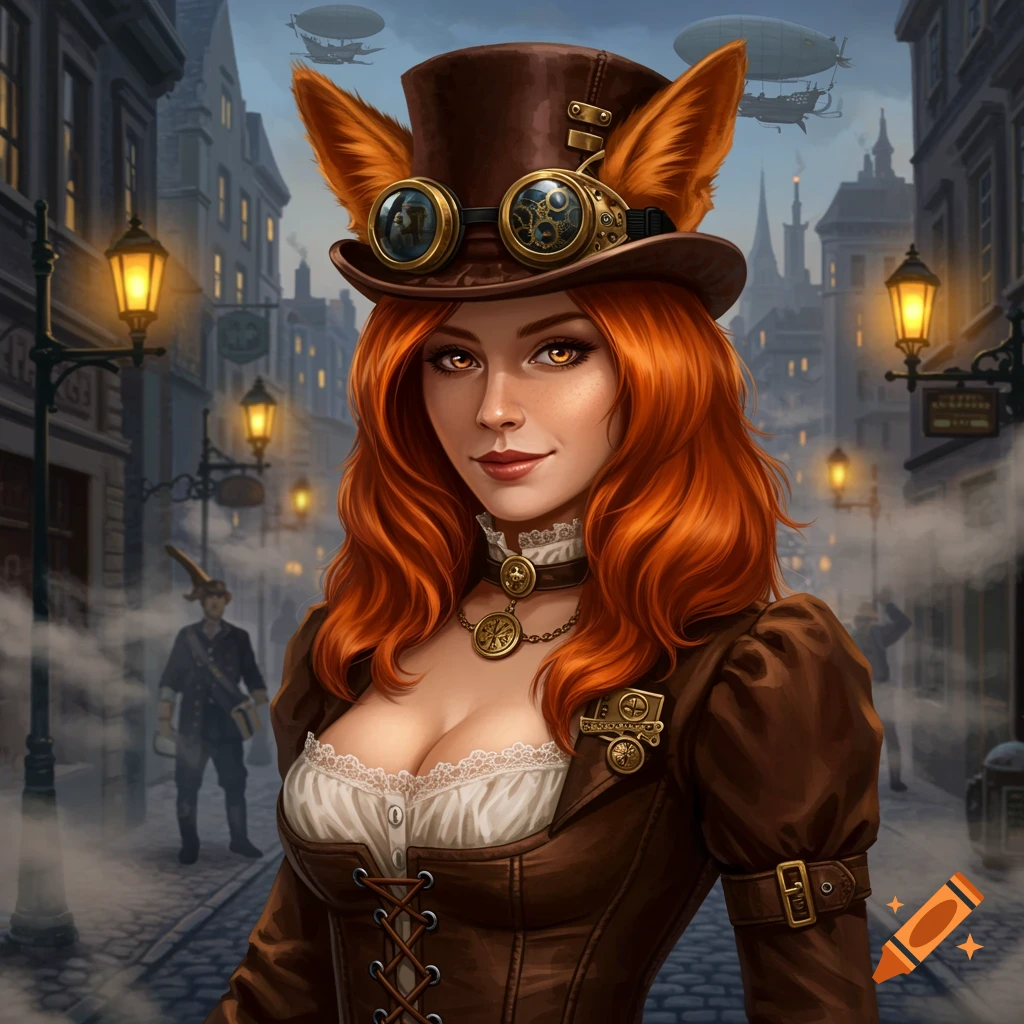A ginger woman with fox ears, amber eyes, and steampunk attire stands on a cobblestone street with buildings and airships in the background.