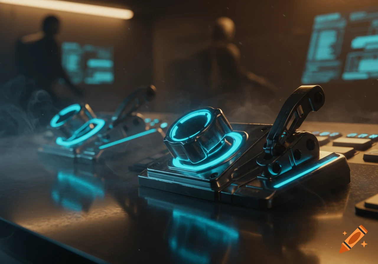 Close-up of futuristic control panel with glowing blue neon switches and a hazy, dark background.