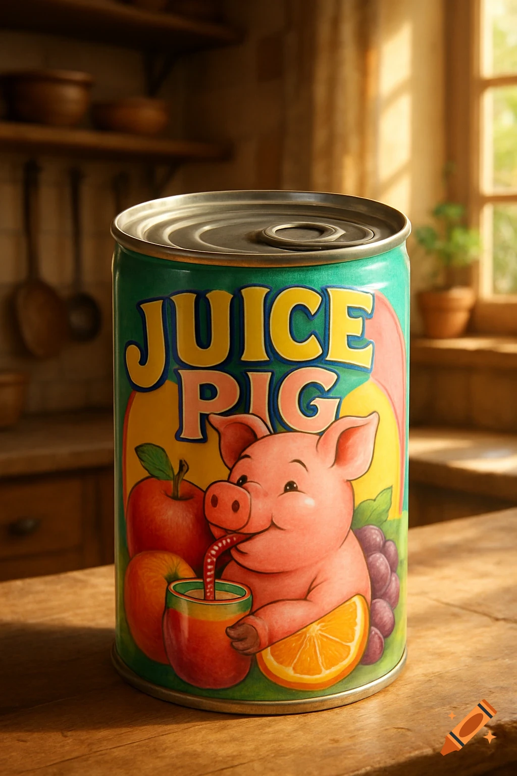 A colorful tin can labeled 'JUICE PIG' with a cartoon pig drinking juice, set on a wooden table in a sunlit kitchen.
