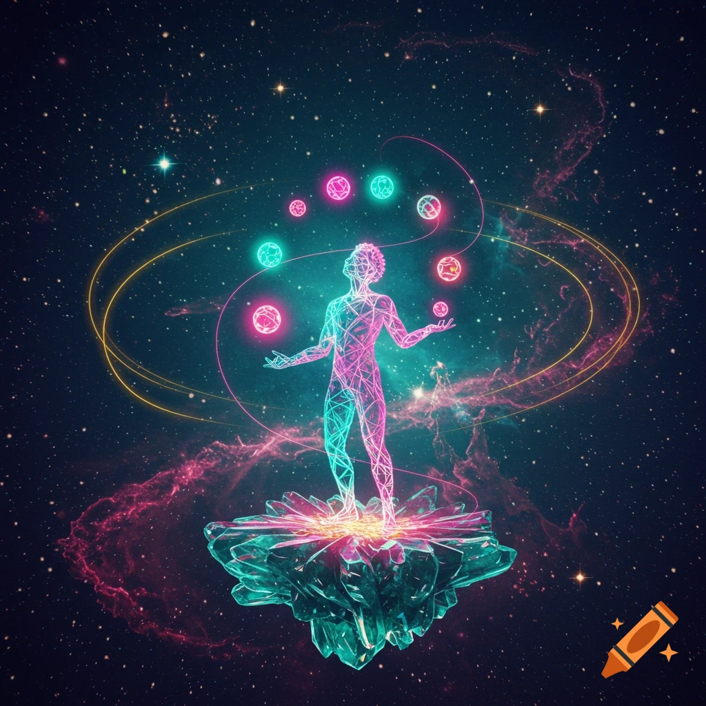 A glowing, neon-colored wireframe person stands on a crystal, juggling luminous orbs in a cosmic setting with nebulae.