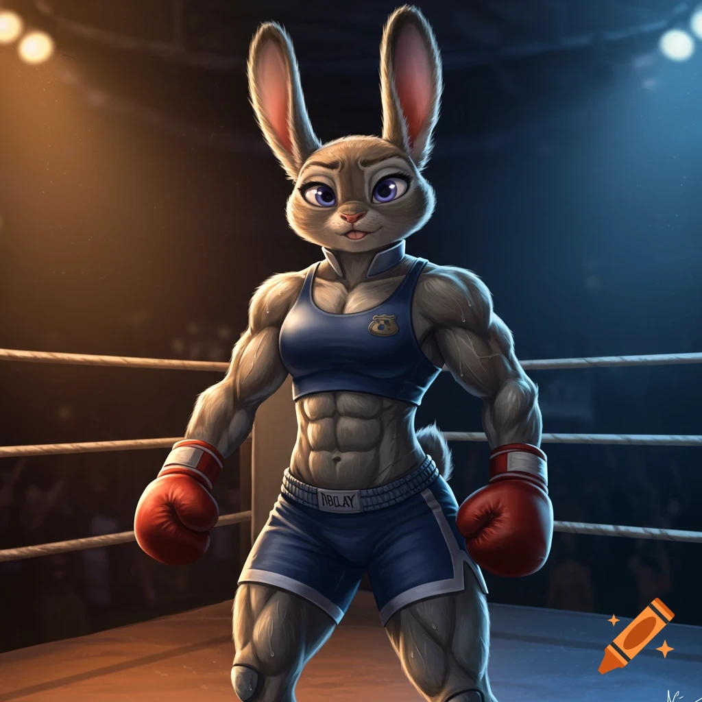 Muscular anthropomorphic rabbit Judy Hopps wearing boxing shorts and a sports bra, standing in a boxing ring.