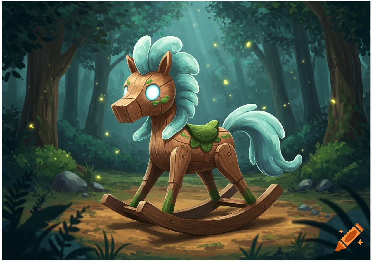 A wooden rocking horse with glowing blue eyes, a light blue mane and tail, and green mossy patches stands in a dark, magical forest with fireflies.