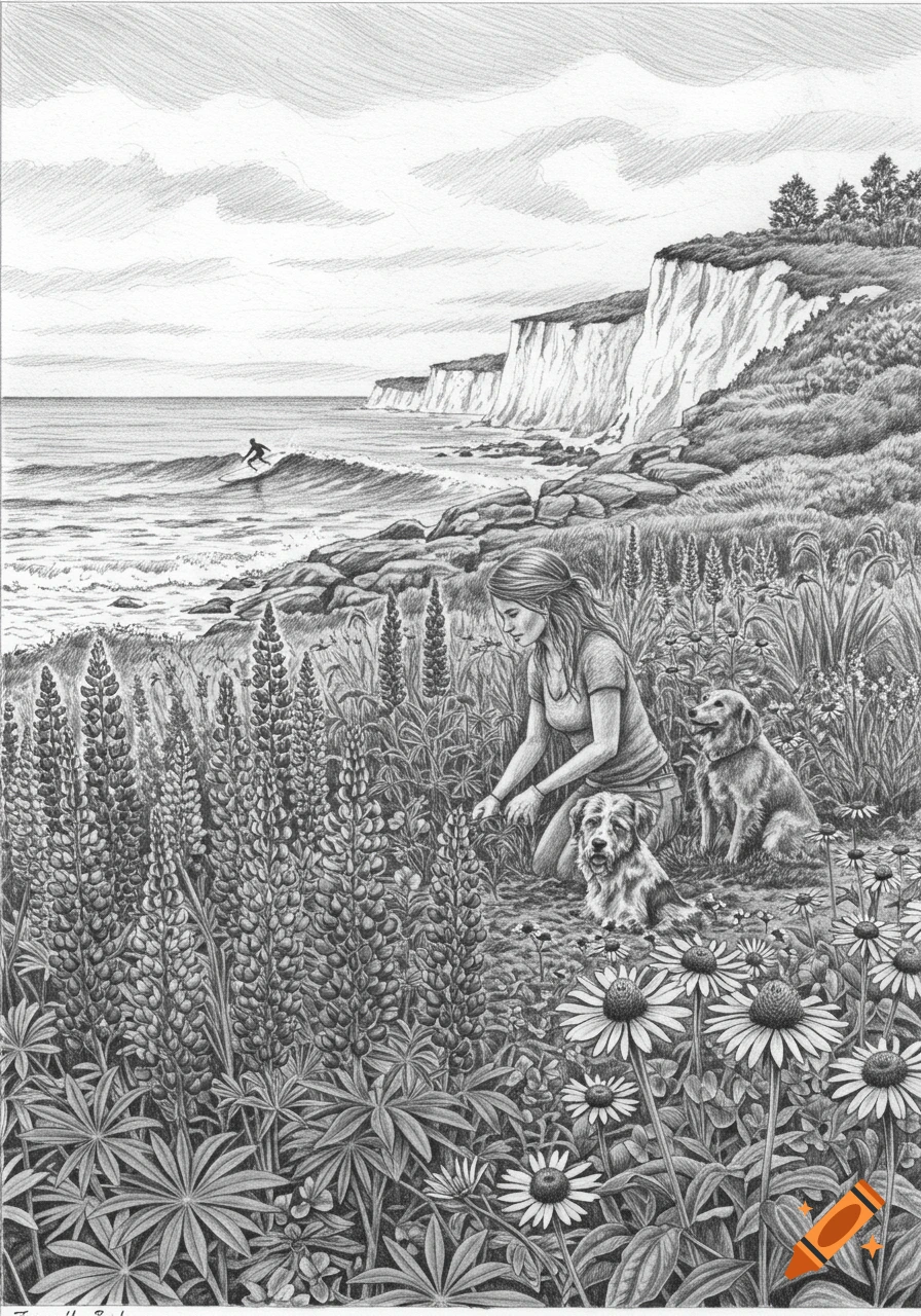 A detailed monochrome pencil sketch shows a woman kneeling in a field of wildflowers with two dogs, overlooking a coastline with cliffs and a surfer.