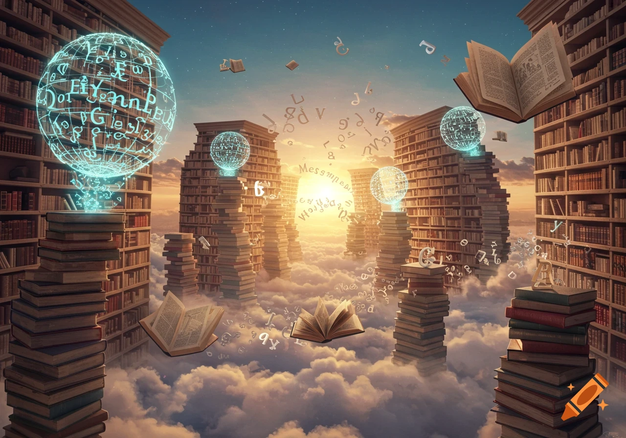 A fantasy scene of giant bookshelves and stacks of books floating on clouds in the sky, with glowing digital globes and floating letters.