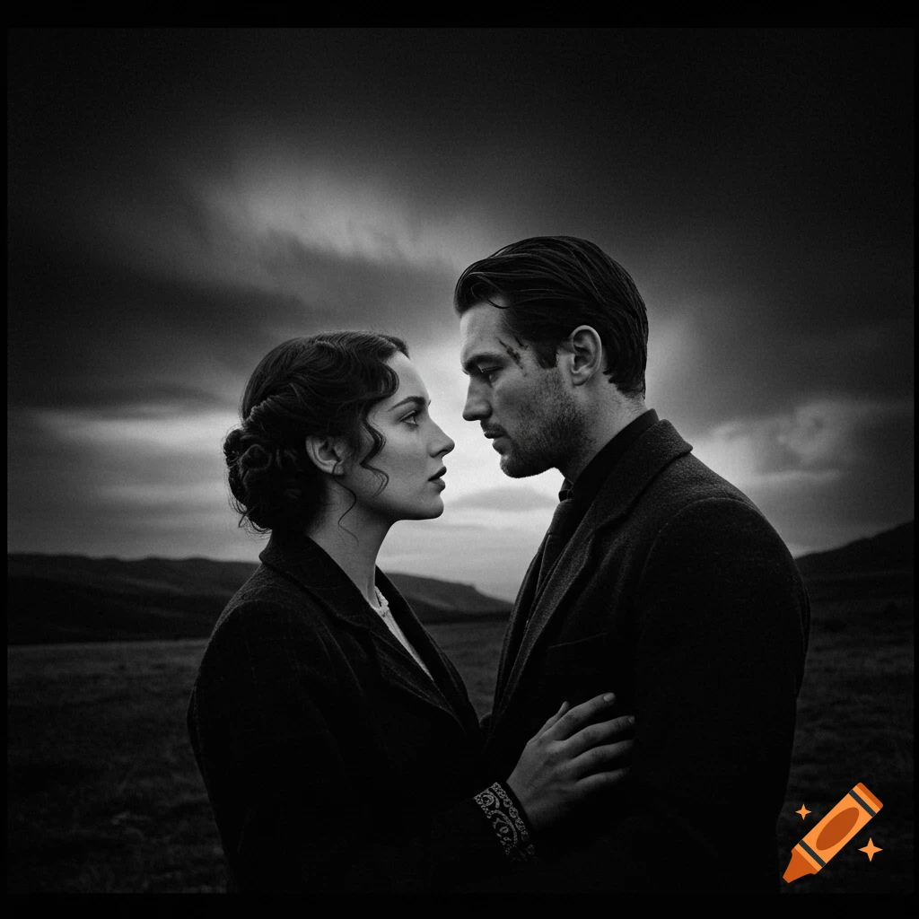 A black and white cinematic photo of a man and woman looking intensely at each other against a stormy sky and hills.