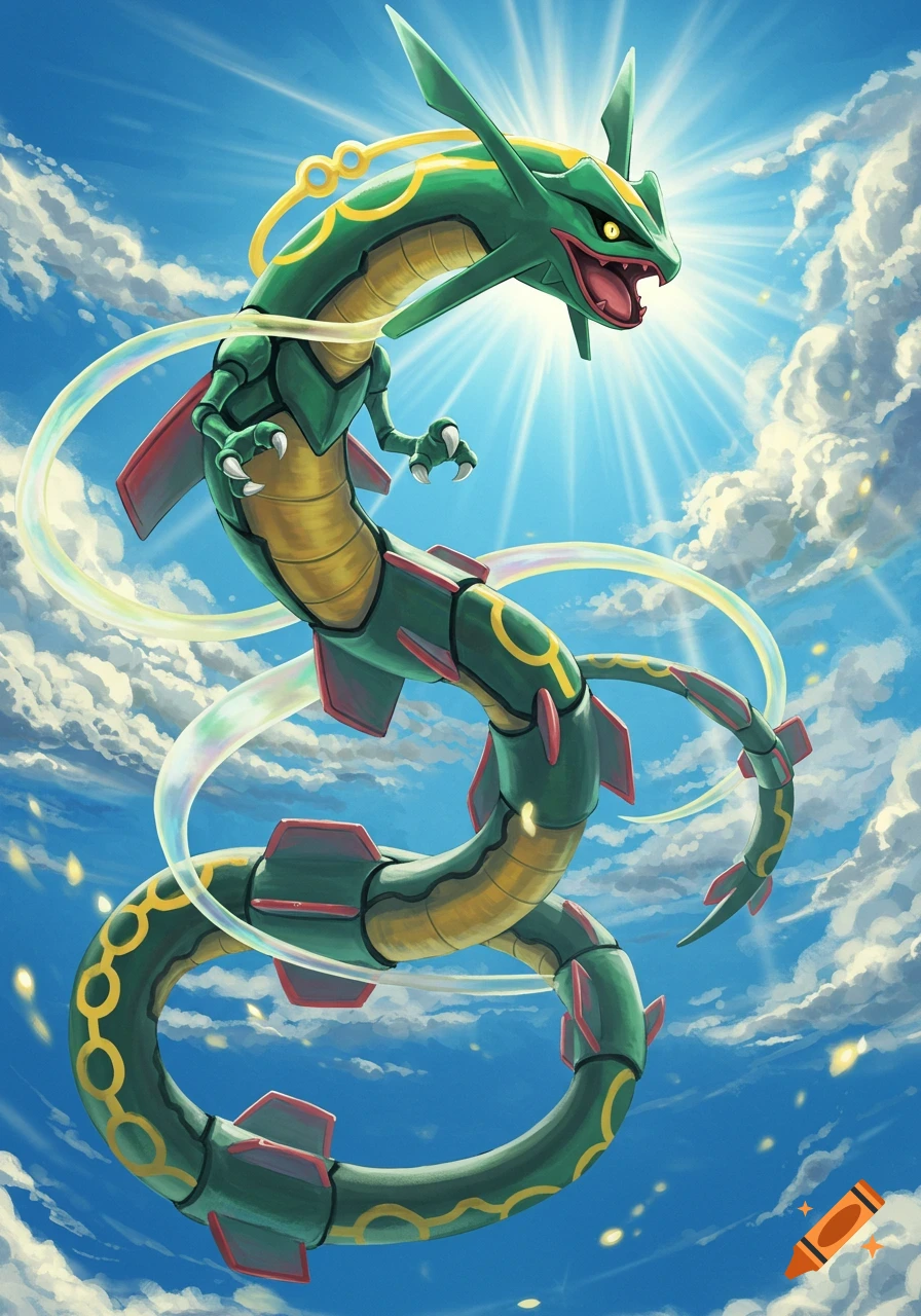 A large green dragon-like Pokemon, Rayquaza, flying vertically through a bright blue sky with white clouds and sun rays.