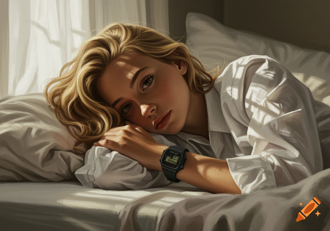 A woman with blonde hair lying in bed, wearing a white shirt and a digital watch, with sunlight streaming through a window. Realistic painting.