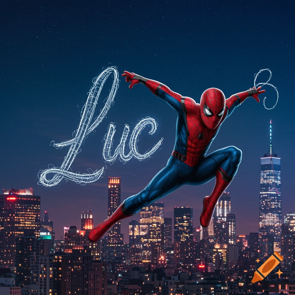 Spider-Man swings above a night city skyline, with glowing webs spelling 'Luc' beside him.