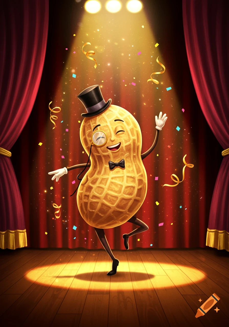 A cartoon peanut wearing a top hat and monocle, dancing on a spotlight-lit stage with red curtains and confetti.
