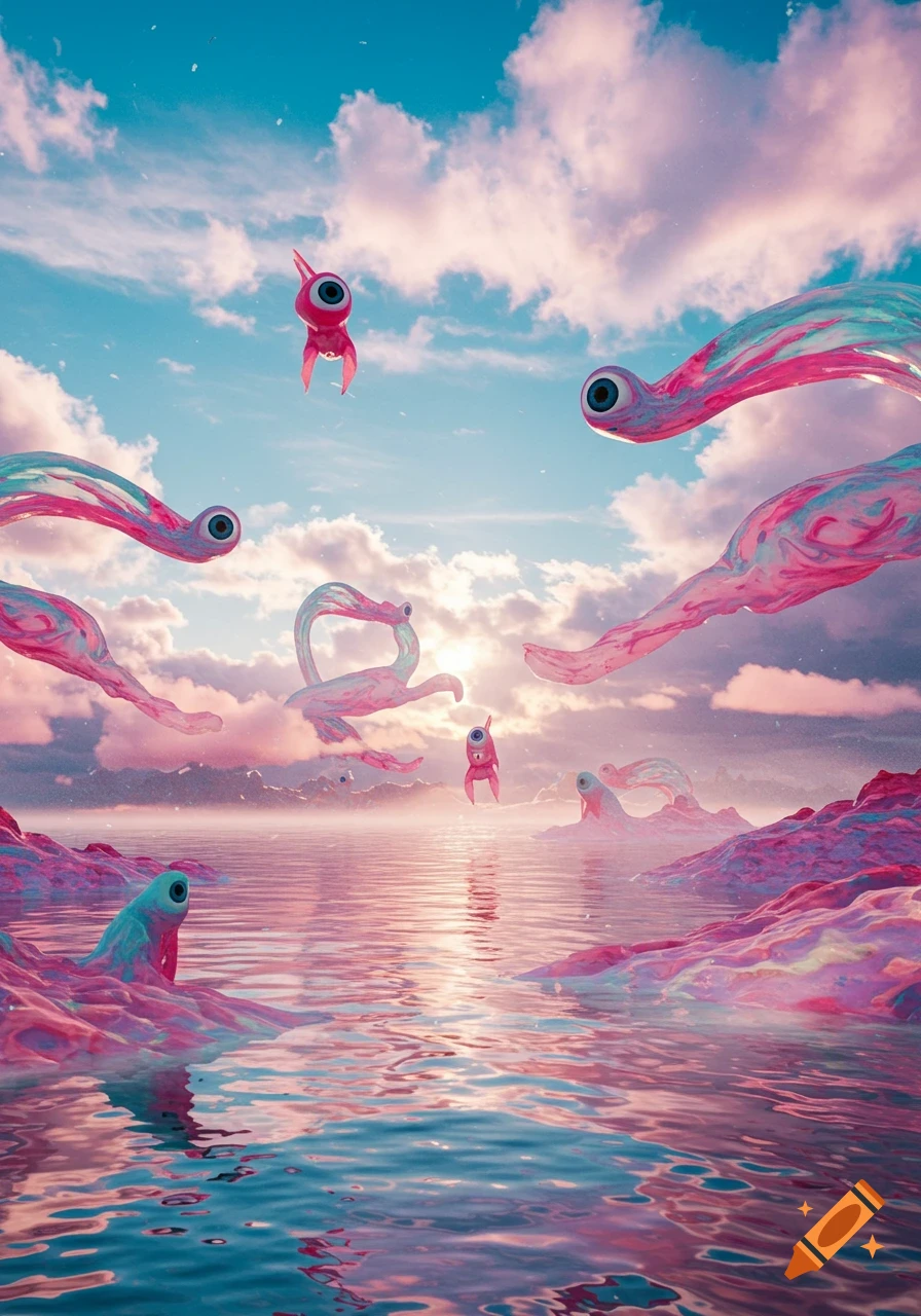 A surreal landscape featuring elongated, single-eyed creatures in pink and blue, some flying in a cloudy sky and others in a reflective, sunset-lit body of water.