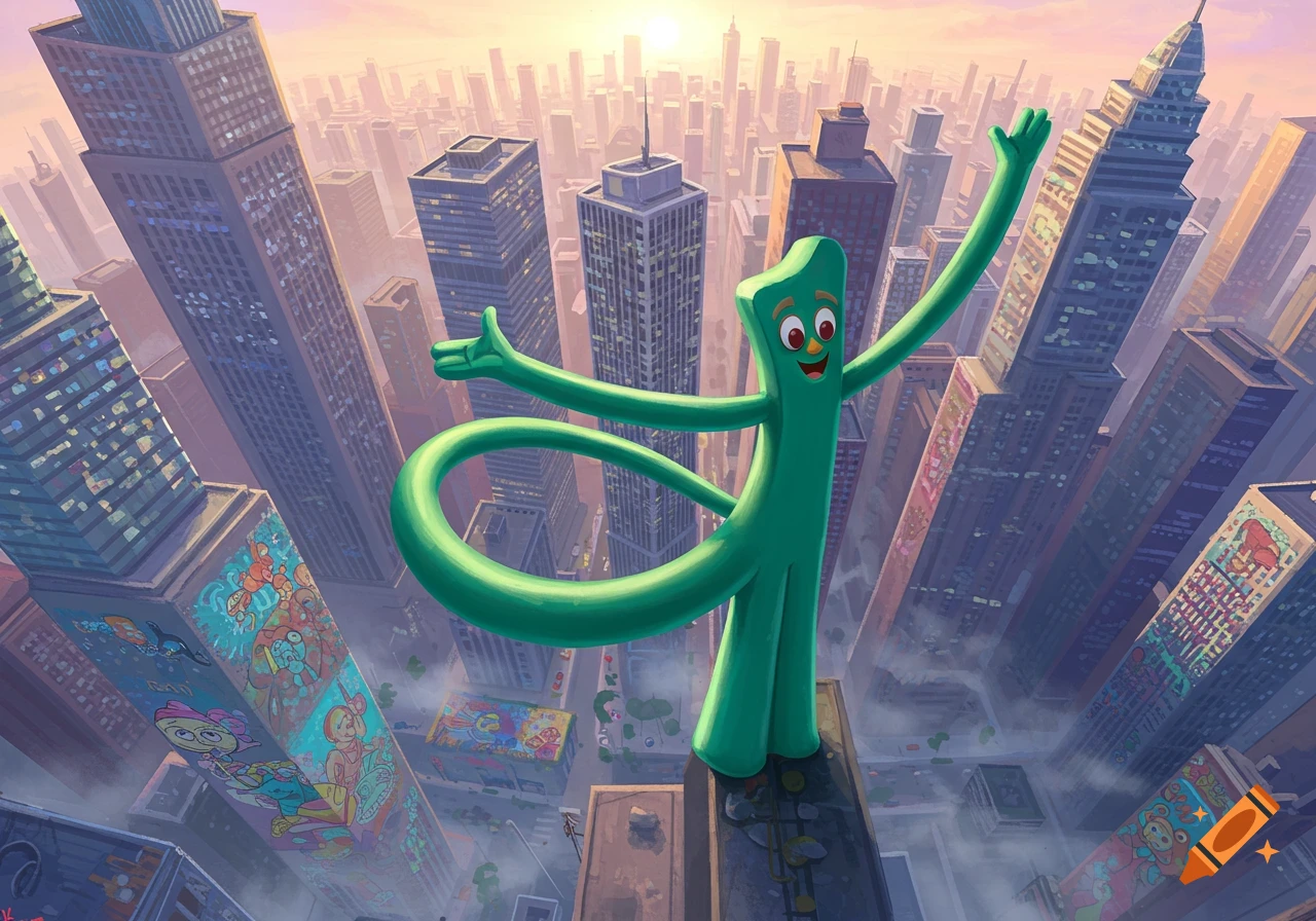 Gumby, a green claymation character, stands atop a skyscraper with arms outstretched, overlooking a sprawling city at sunset.