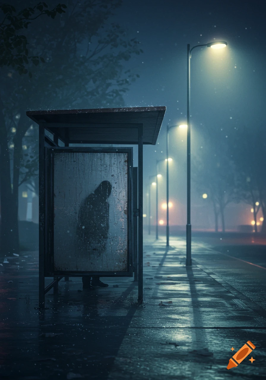 A lone silhouette stands inside a rain-streaked bus stop on a dark, wet street illuminated by streetlights at night.