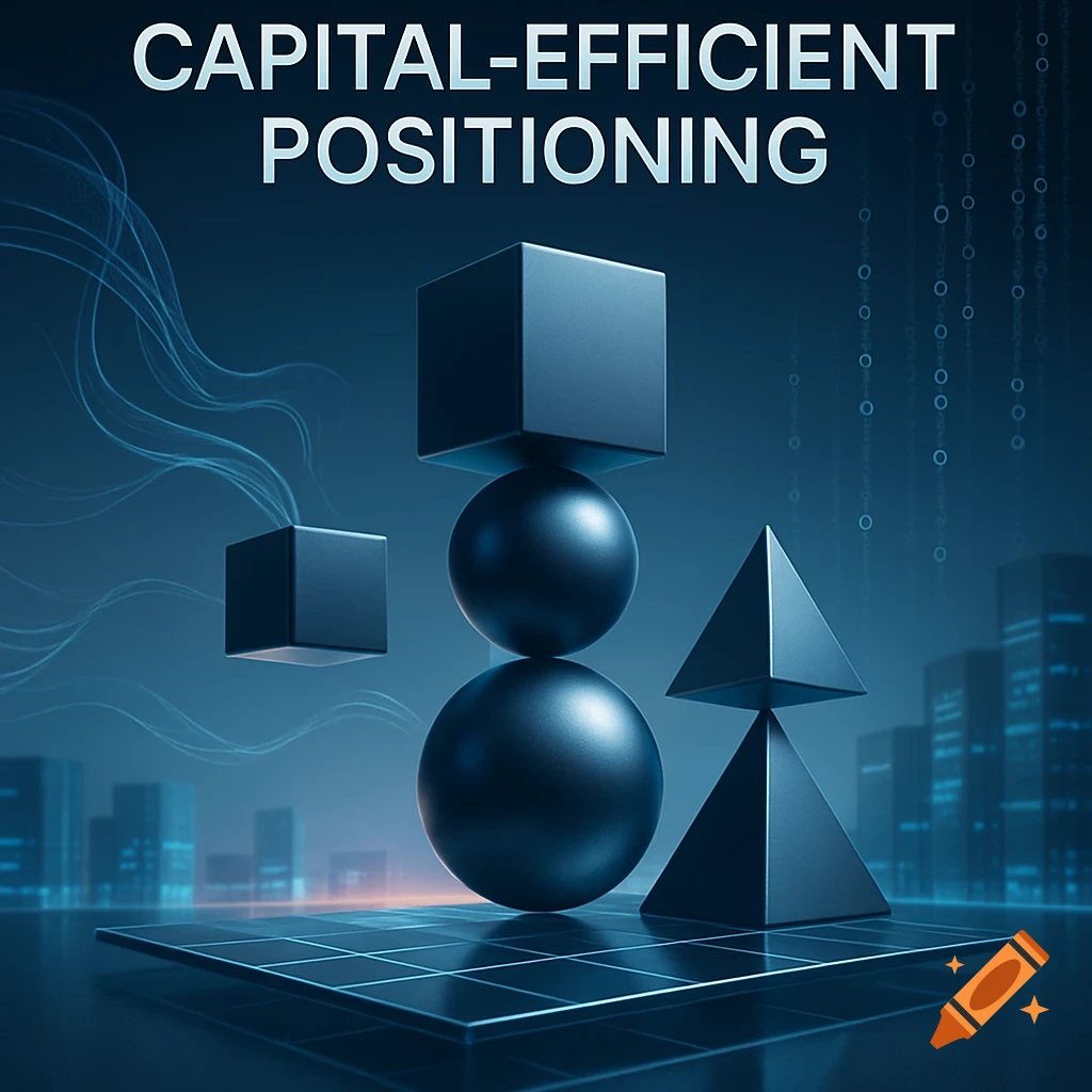 Dark blue geometric shapes stacked on a grid, with a futuristic city background and the text CAPITAL-EFFICIENT POSITIONING.