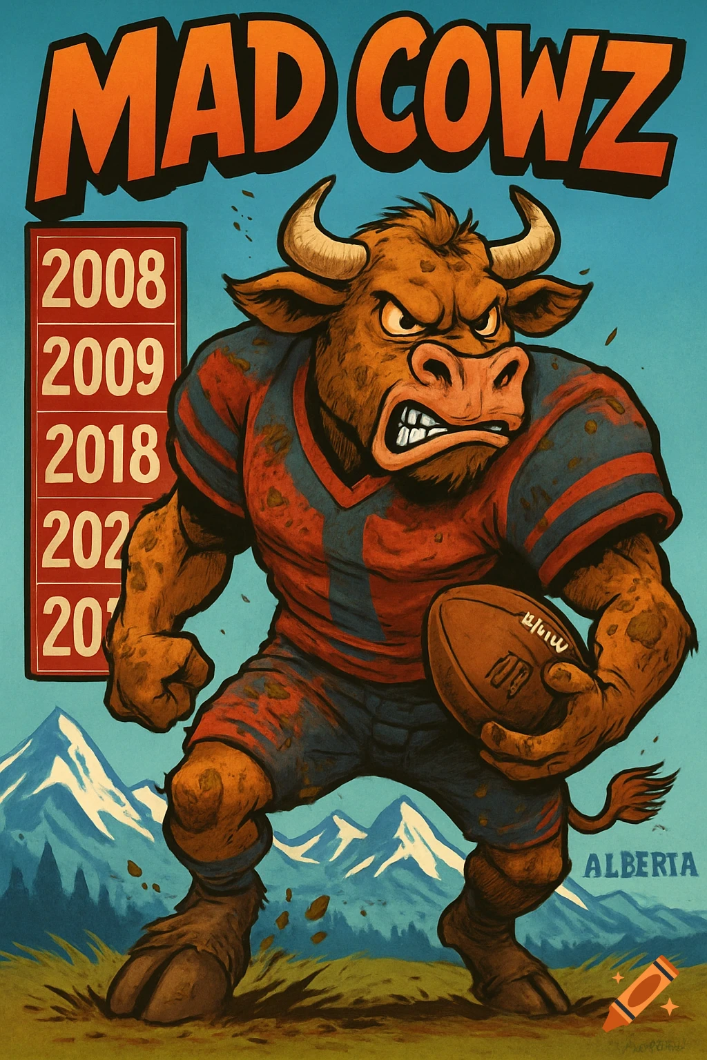 A stylized poster showing an angry, muscular bull in a red and blue American football uniform, holding a football. The title "MAD COWZ" is at the top, and a list of years is on the left. Mountains are in the background.