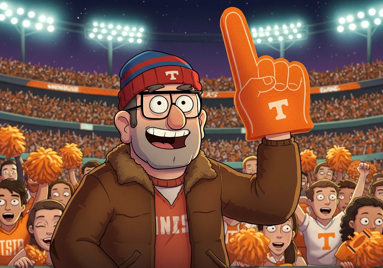 A cartoon man resembling Stan Marsh, wearing a hat and jacket, holds up an orange foam finger with a 'T' logo, cheering in a crowded, orange-themed sports stadium at night.