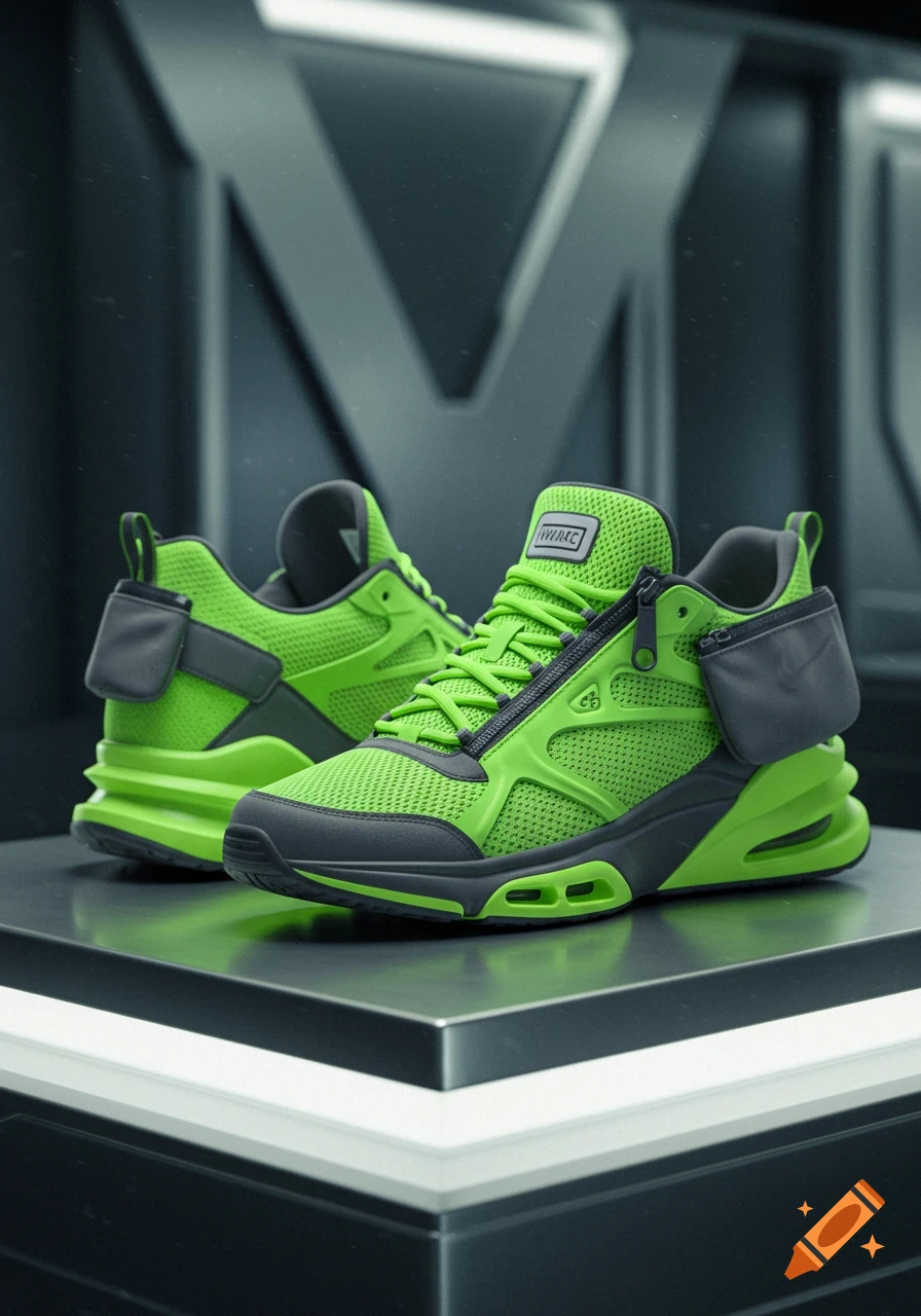 A pair of vibrant green and grey athletic sneakers with mini pockets displayed on a metallic surface.