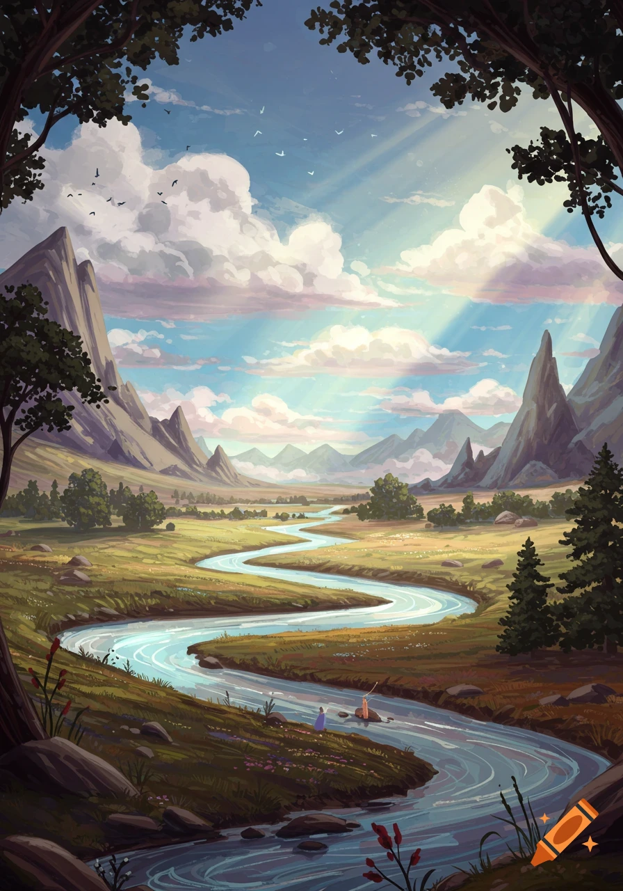 Vibrant illustrated painting of a winding river through a green valley with mountains under a bright, cloudy sky with sun rays.