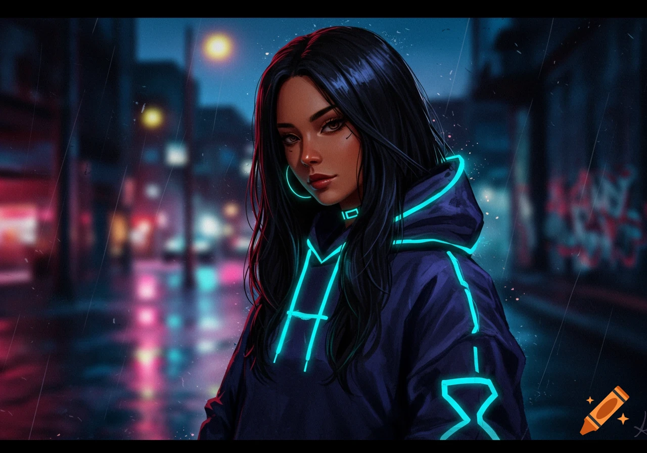 Digital painting of a girl with long black hair and dark skin wearing a dark blue hoodie with neon blue lights in a rainy cyberpunk city.