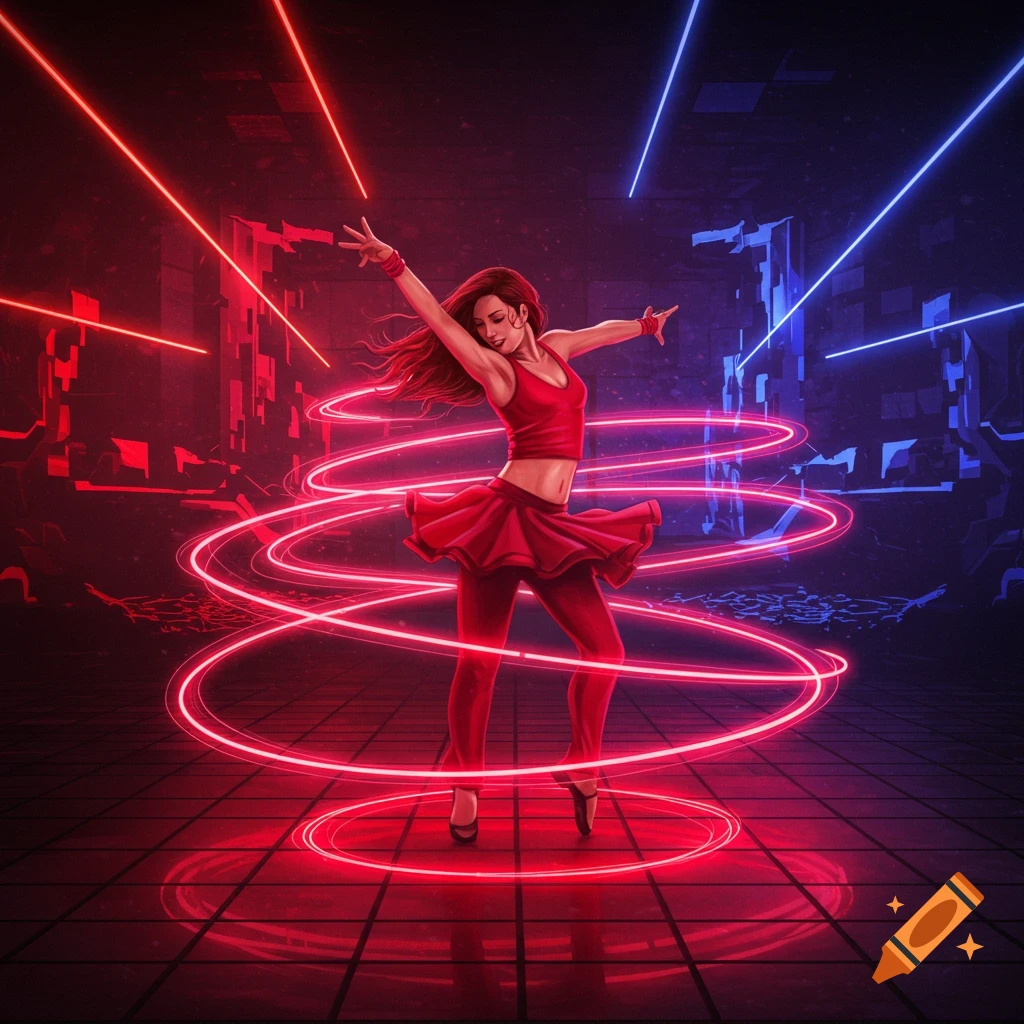A woman in a red outfit dances amidst glowing red and blue neon lines on a reflective floor in a dark, futuristic setting.