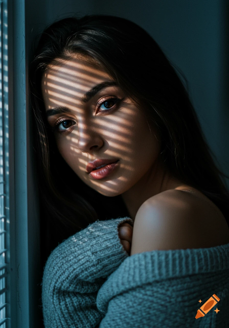 Close-up photorealistic portrait of a young woman with dark hair, partially shadowed by horizontal blinds, wearing a cozy grey sweater.