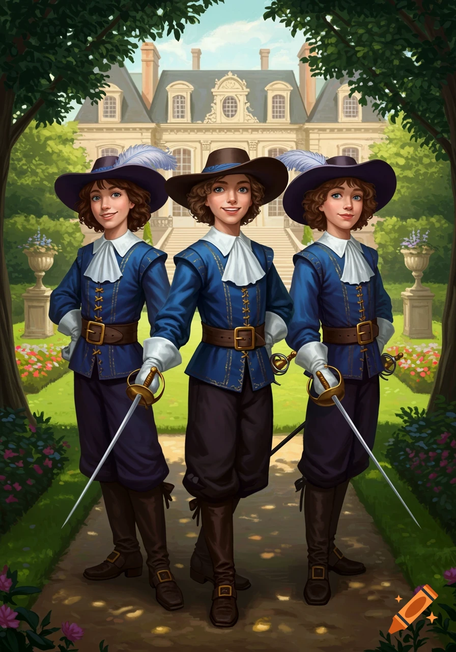 Three identical boys dressed as musketeers in blue tunics, plumed hats, and holding swords, stand in a garden before a chateau.