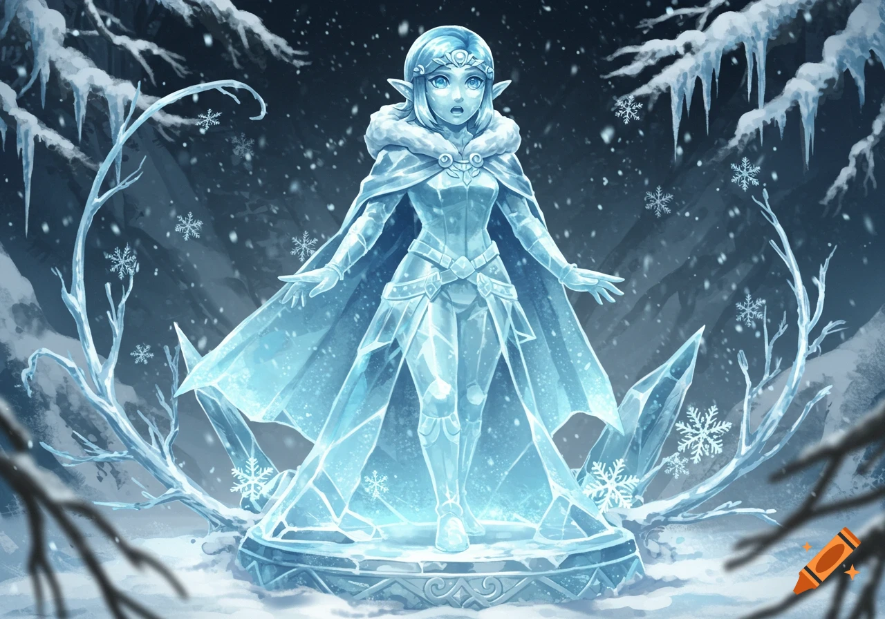 Digital illustration of Lana from Hyrule Warriors as a surprised ice statue in a snowy, icy landscape.