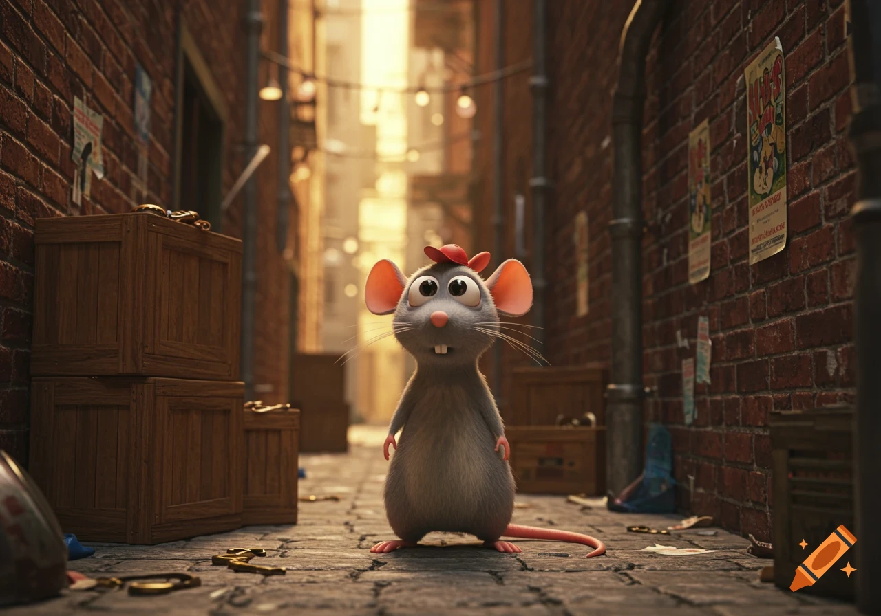 A cute cartoon rat with big eyes and a red hat stands in a sunlit alleyway with brick walls.