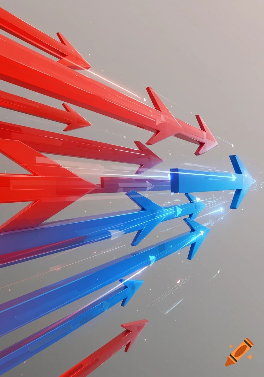 Glossy red and blue arrows with light trails moving across a gray background.