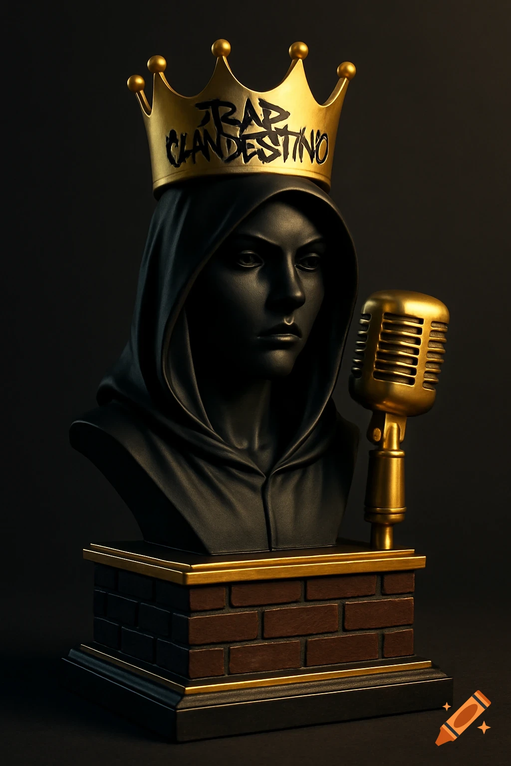 3D-rendered trophy of a hooded female bust in matte black with a gold crown and text, next to a gold vintage microphone on a brick base.