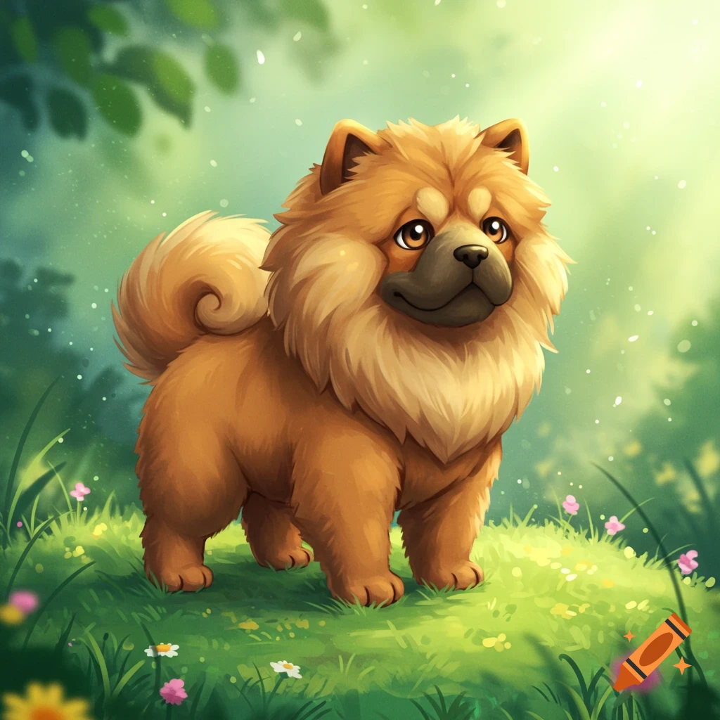 A cute brown fluffy dog-like creature, resembling a Chow Chow Pokemon, standing in a vibrant green field.