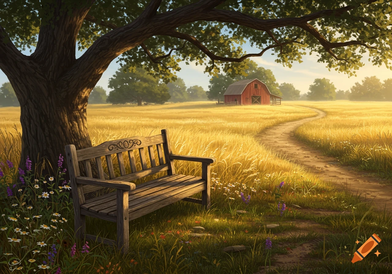 A rustic wooden bench under a large tree beside a golden wheat field, with a path leading to a red barn.