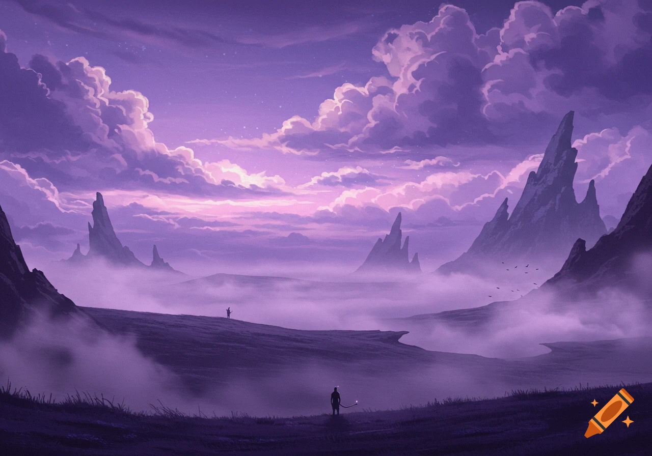 Purple, foggy fantasy landscape with jagged mountains and distant figures under a cloudy sky.