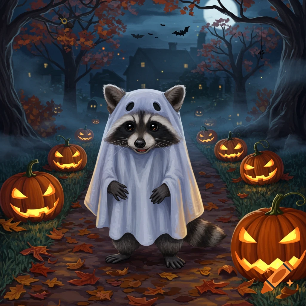 A cute raccoon in a ghost costume stands on a path with glowing jack-o'-lanterns. A full moon, spooky houses, and bats are in the Halloween night background, in an illustration style.
