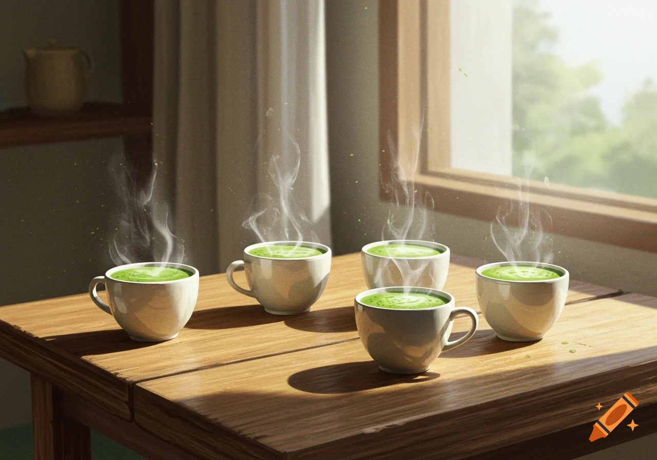 Five steaming cups of green matcha tea sit on a wooden table near a sunlit window, creating a calm atmosphere.