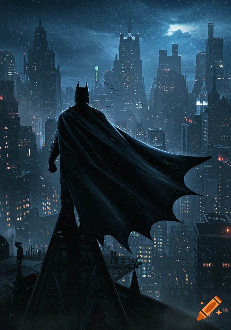 Batman stands on a gargoyle overlooking a dark, rainy Gotham City at night, with city lights illuminating the scene.