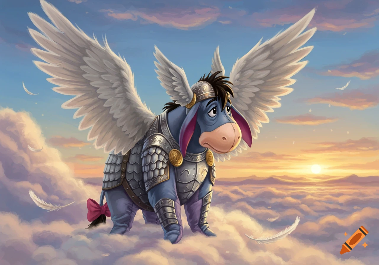 Illustrated Eeyore, the donkey from Winnie the Pooh, as a valkyrie with large white wings and silver armor, flying among pink and orange clouds at sunset.