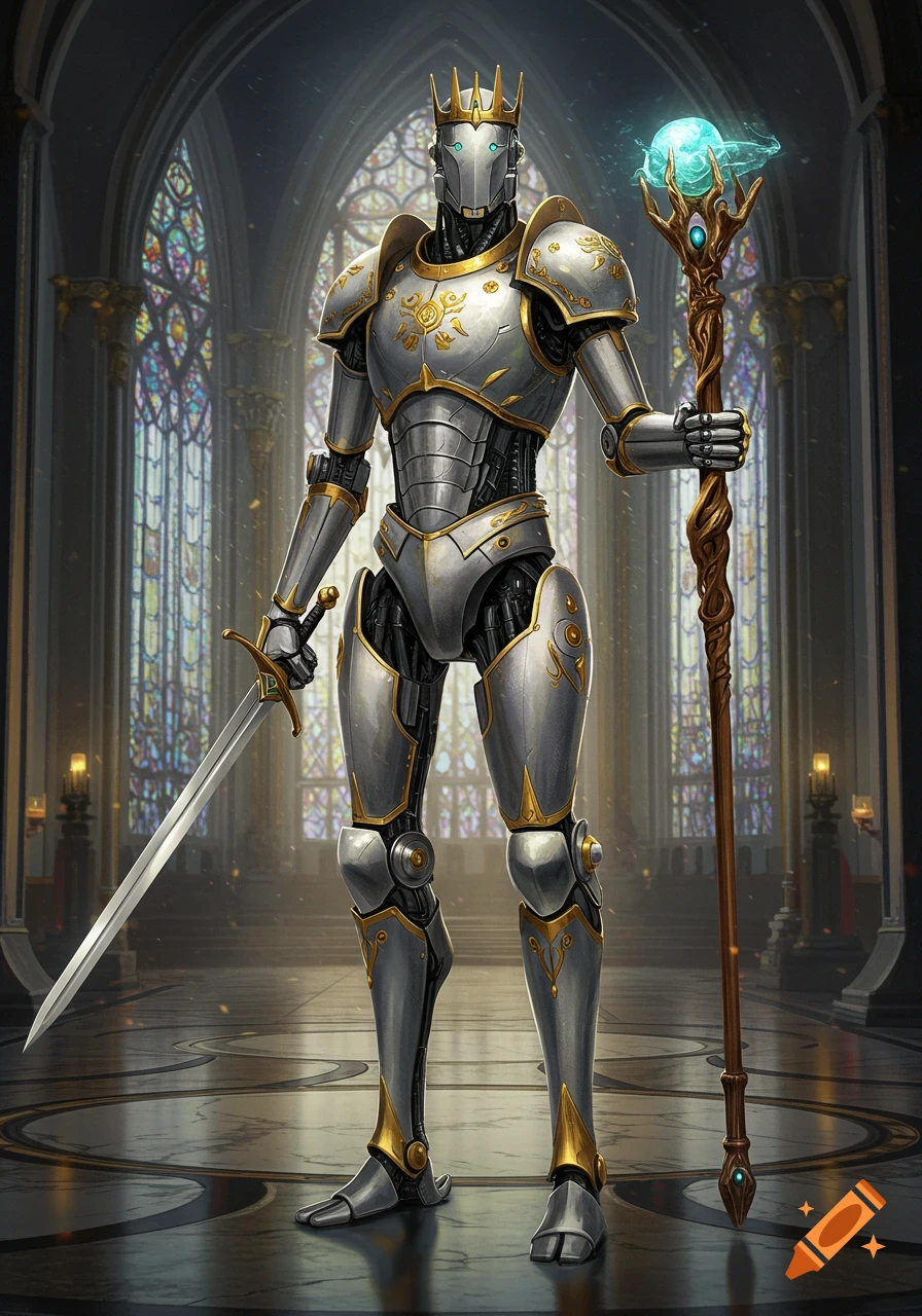 A majestic humanoid robot in silver and gold armor and crown holds a sword and a glowing magical staff inside a grand cathedral.