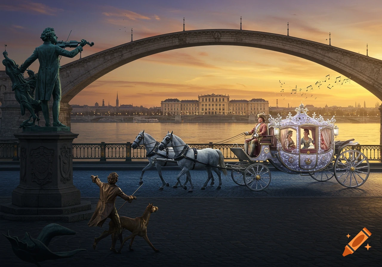 A Cinderella-style carriage with ornate details, drawn by two white horses, travels along a river promenade at sunset. A bronze statue of a violinist stands prominently, with musical notes floating above the carriage. A grand palace is visible across the river under a vibrant sky.