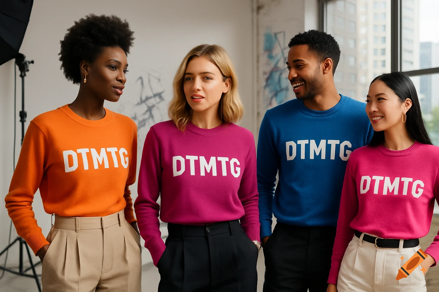 A diverse group of four people wearing colorful sweaters with 'DTMTG' printed on them, smiling during a photoshoot.
