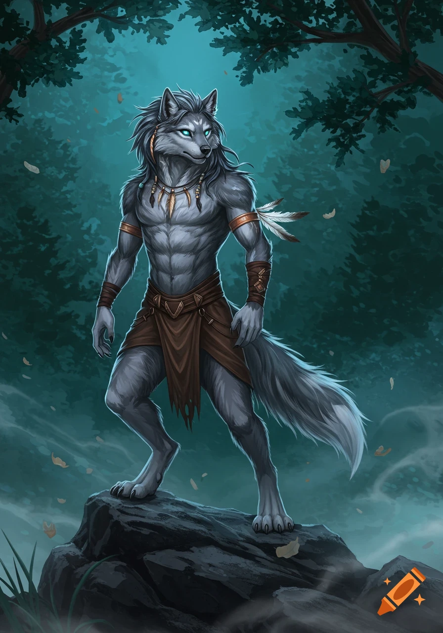 A muscular gray-furred werewolf with long dark hair, glowing blue eyes, and tribal clothing stands on a rock in a dark, misty forest.
