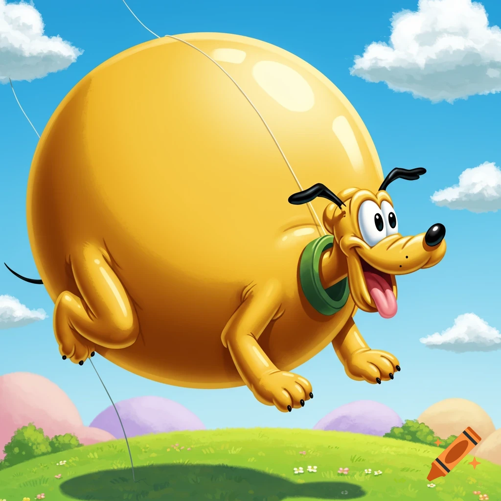 Pluto, the yellow Disney dog, inflated like a giant balloon, floats in a blue sky above a green landscape.