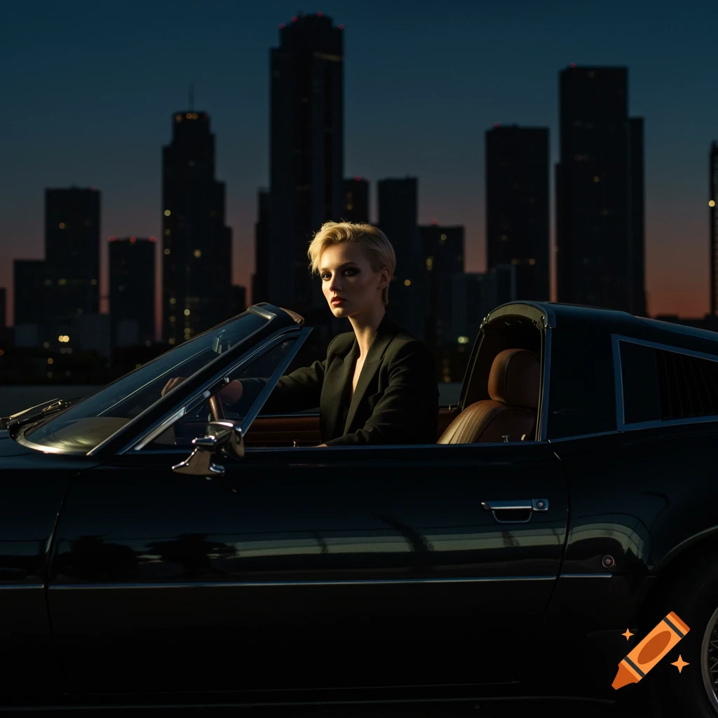A blonde woman in a black suit sits in a black convertible sports car against a dark city skyline at dusk.