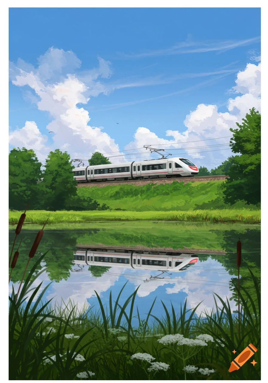 A white high-speed train travels past a calm pond with green reflections, under a blue sky with white clouds. Tall reeds are in the foreground.