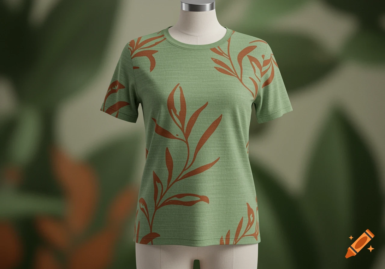 A light green t-shirt with a brown leafy pattern on a mannequin against a blurred green background.