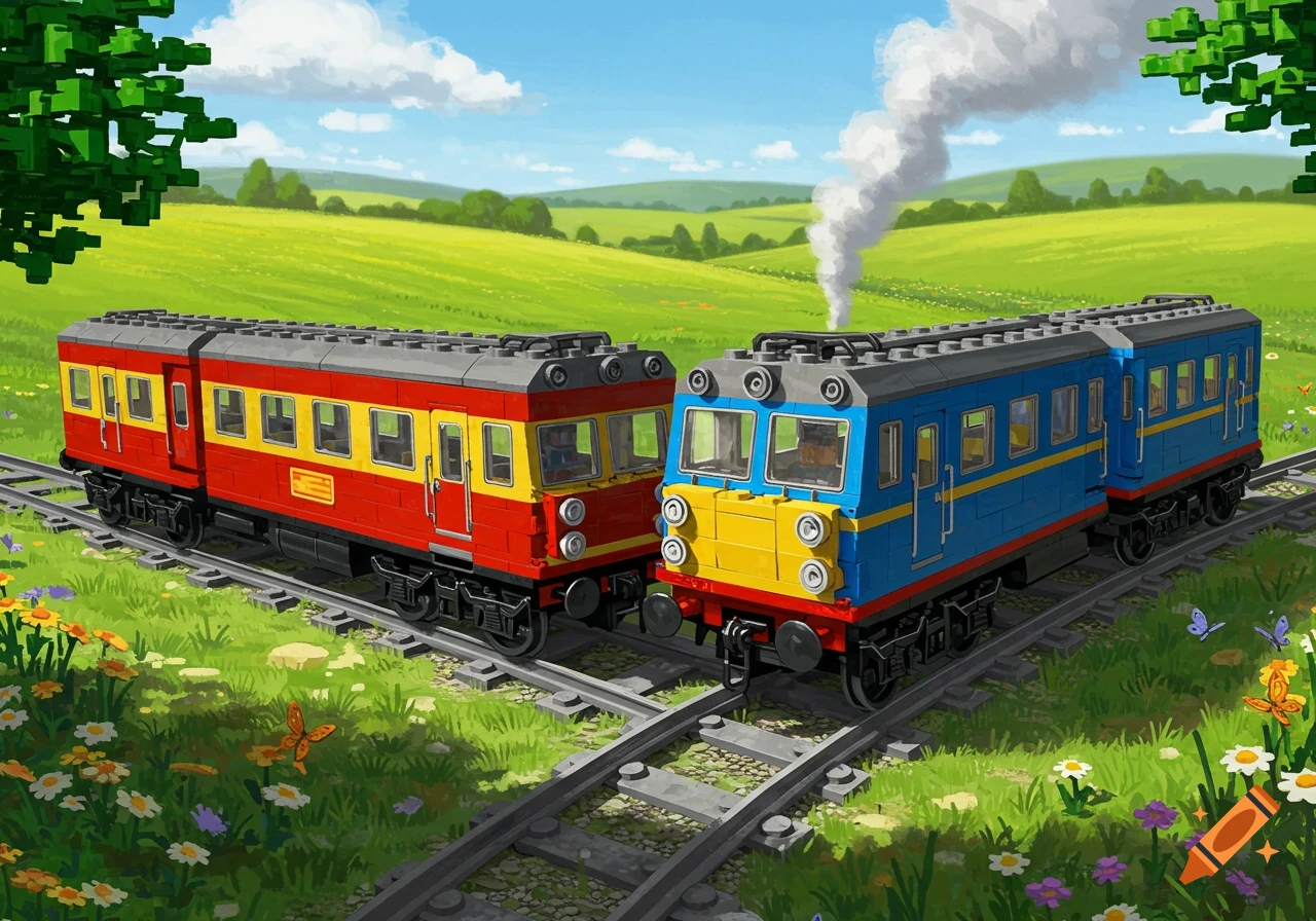 Two colorful Lego-built trains, one red and yellow, one blue and yellow, on tracks in a vibrant green field under a blue sky.