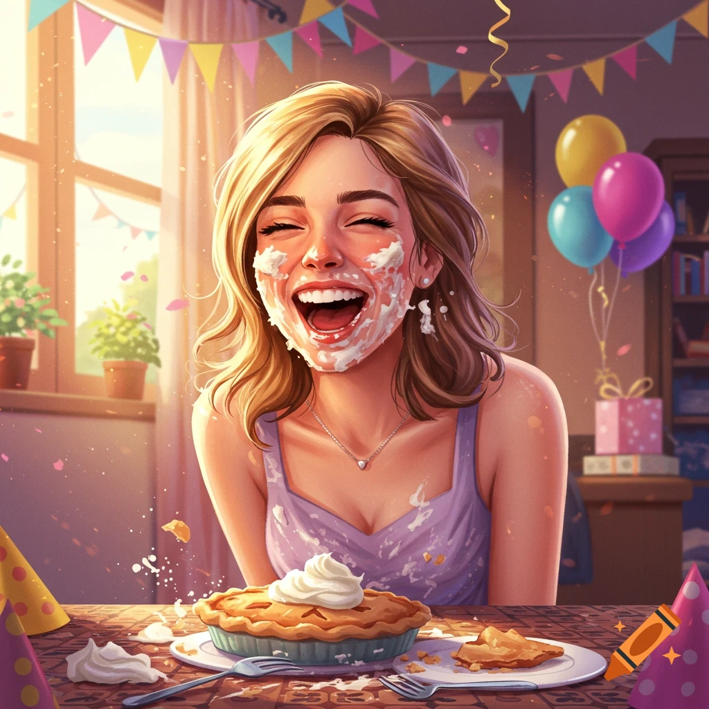 An illustration of a laughing woman with pie cream on her face, sitting at a table with a pie and birthday decorations.