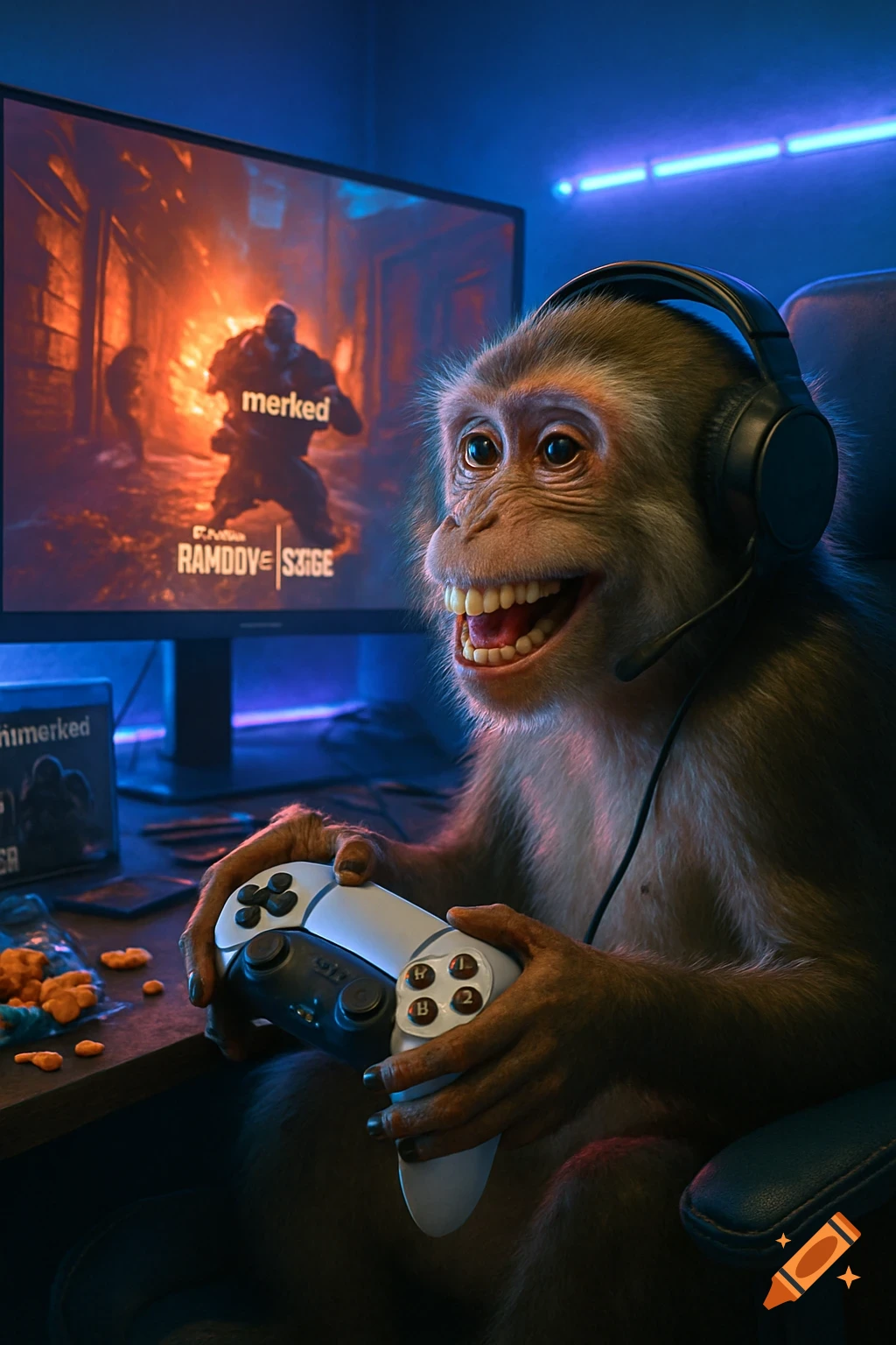 Photorealistic monkey wearing headphones, playing a video game on a monitor with a white controller in a dark room with blue lighting.
