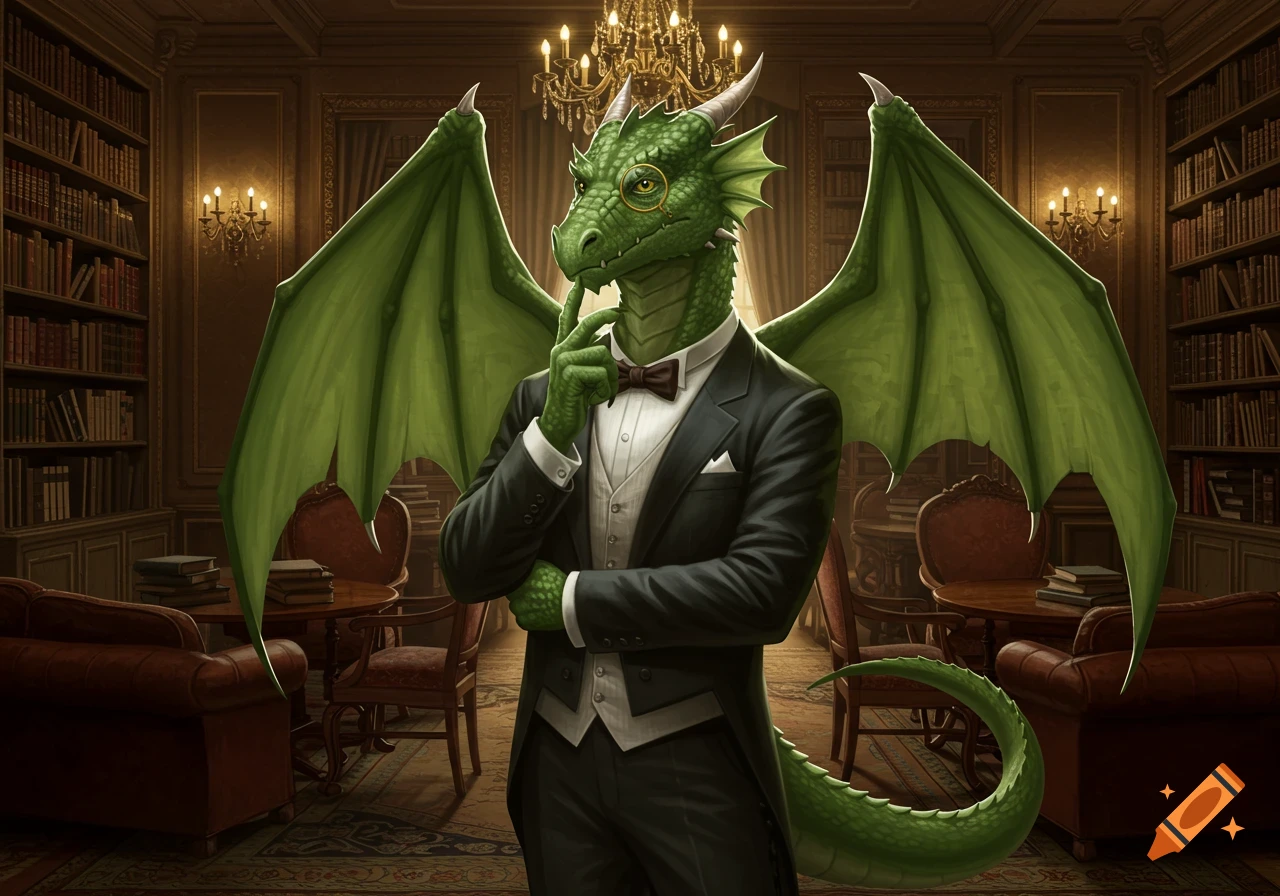 A distinguished green dragon wearing a black tuxedo and monocle, standing contemplatively in a grand library.