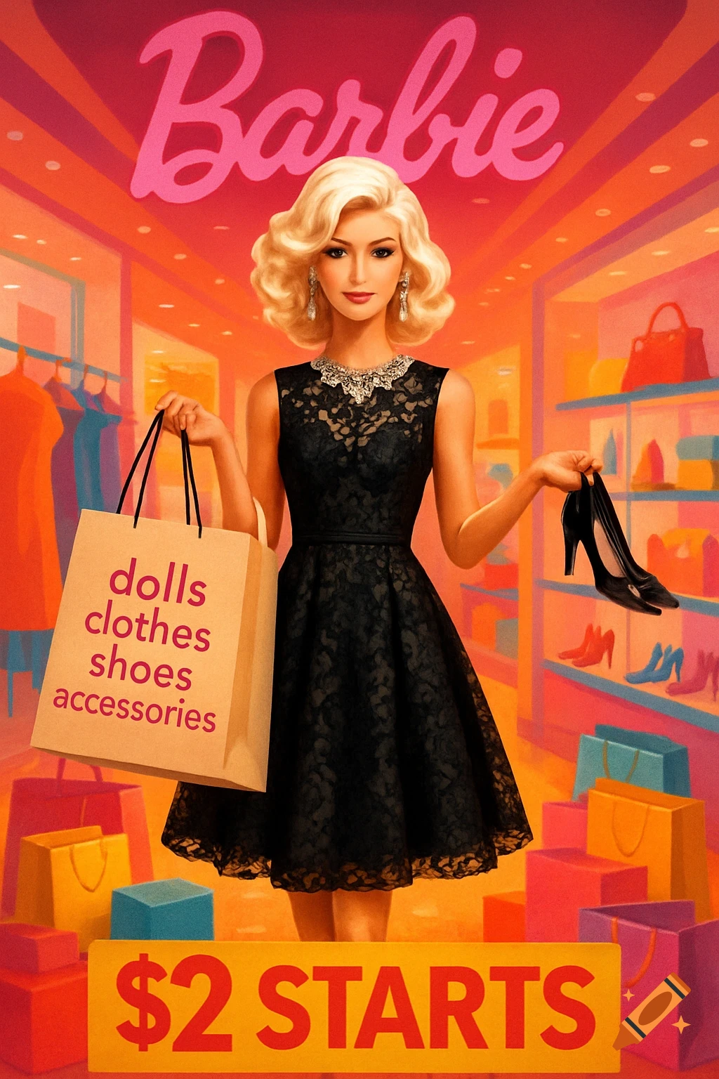 A vibrant illustration of a Barbie-like woman in a black dress holding a shopping bag and shoes in a department store, with text 'Barbie' and '$2 STARTS'.